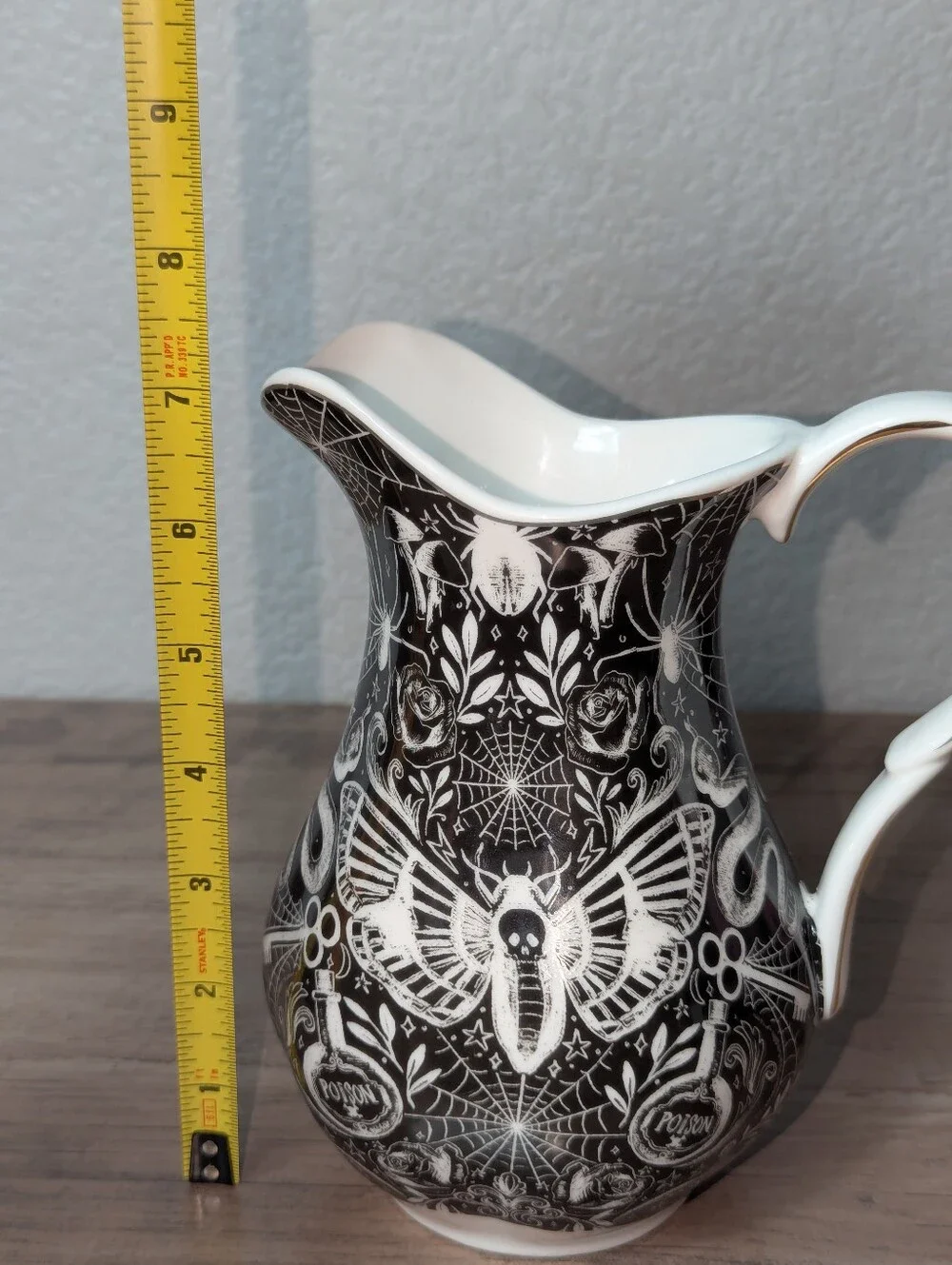 MONTEREY BAY Fine Porcelain Gothic Serving Pitcher With Moth Skull Design